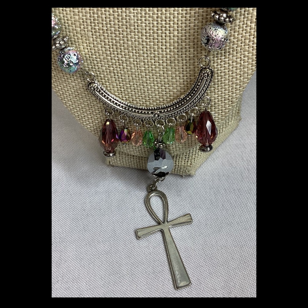 Silver Ankh Pendant Necklace with Multicolor Beads